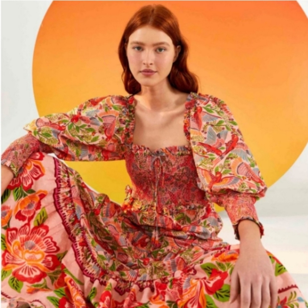 Farm Río Anthropologie Maxi Dress Macaw Flight Smocked Top Pink Midium - Picture 3 of 16
